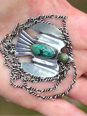 Sterling Silver Turquoise Bird Pendant Necklace - Vintage Mexico Golden Age